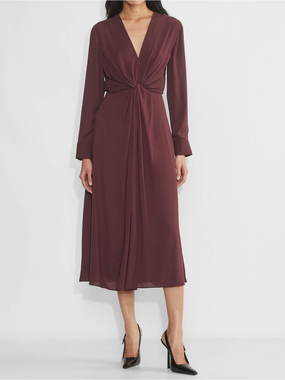 Aritzia Babaton Lois Dress Twist Front Long Sleeve Sumac Burgundy Medium